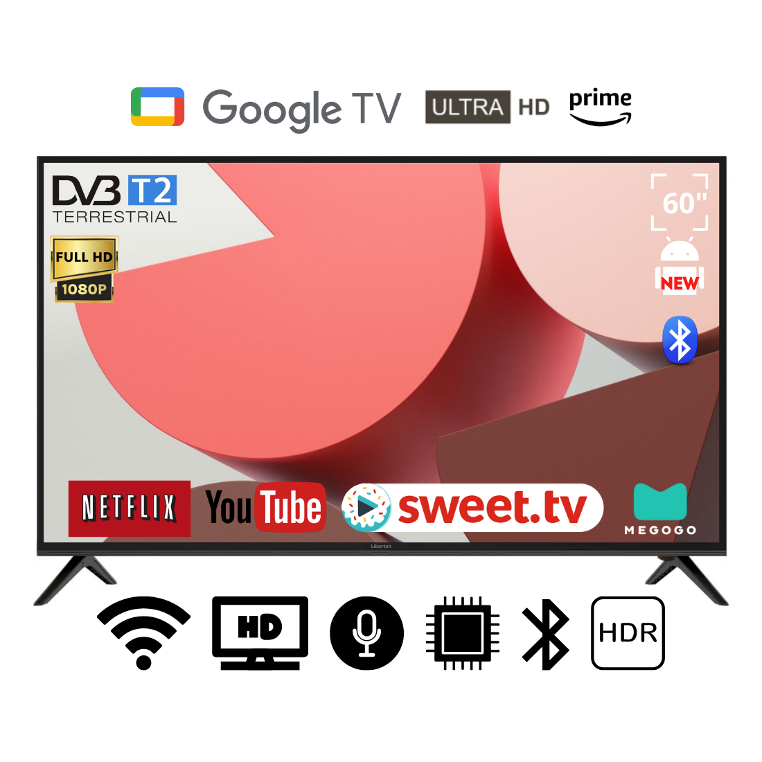 Телевізор Liberton 60" Smart-TV/DVB-T2/USB АДАПТИВНИЙ UHD,4K/Android 15.0