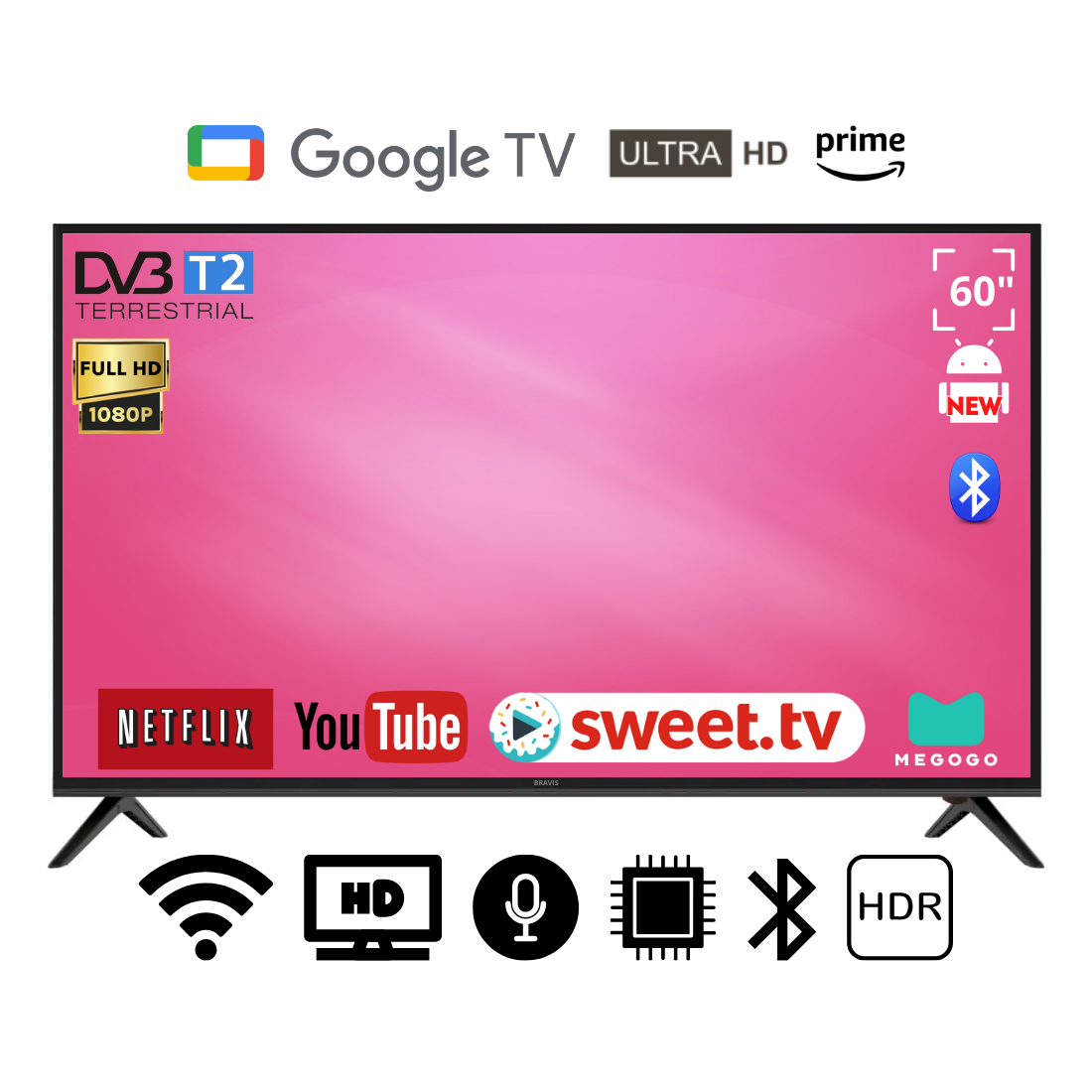 Телевізор Bravis 60" Smart-TV/DVB-T2/USB АДАПТИВНИЙ UHD,4K/Android 15.0