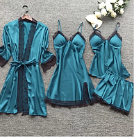 Бірюзова жіноча піжама 4 предмети, жіночий халат із сорочкою та топ із шортами