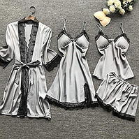 Жіночий піжамний комплект 4 предмети срібло