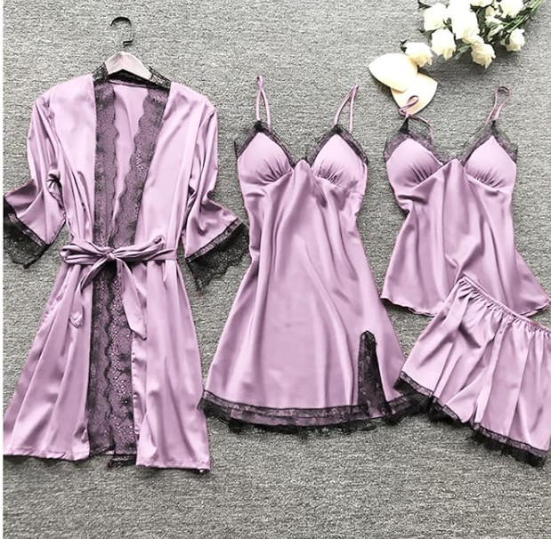 Фіолетова жіноча піжама 4 предмети, жіночий халат із сорочкою та топ із шортами