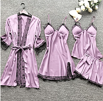 Фіолетова жіноча піжама 4 предмети, жіночий халат із сорочкою та топ із шортами