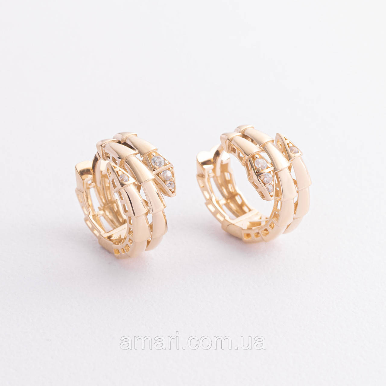 Сережки — кільця "Змії" в жовтому золоті (фіаніти) 
с09297, фото 1