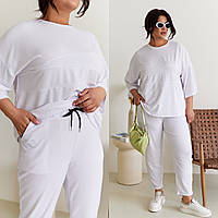 Жіночий костюм 2в1 42-60 батал великі розміри з порізаною поличкою і штанами | Турецька двонитка, бавовна