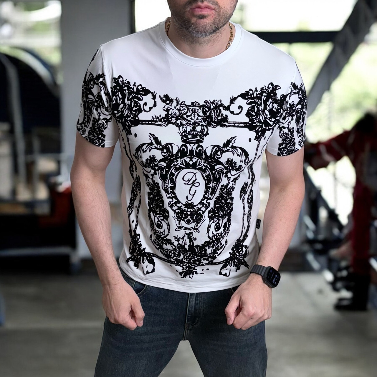 Чоловіча футболка Dolce&Gabbana біла брендова футболка з візерунками люкс якість