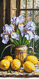 Картина за номерами Квіти. Букет ірисів з лимонами. натюрморт 40*80 см Орігамі LW 5117