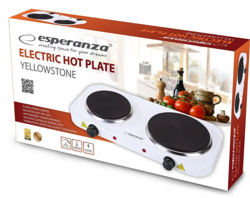Електрична плита YELLOWSTONE Esperanza EKH007W, 2 конфорки, 2500Вт, захист від перегріву, регулятор потужності