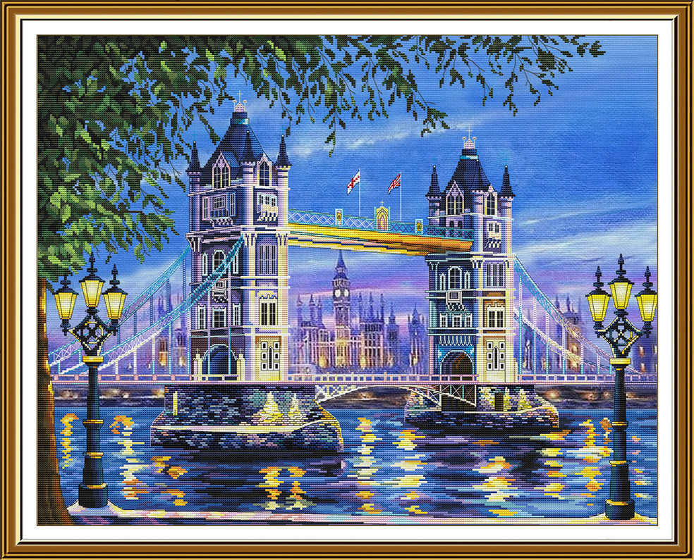 Набір для вишивання нитками на канві з фоновим малюнком «Тауерський міст уночі» СР3425, фото 1