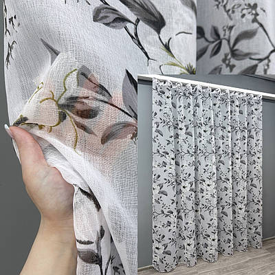 Готова тюль (3х2,7м.) батист, колекція "Flora". Колір білий із сірим принтом. Код 1681т 42-0677