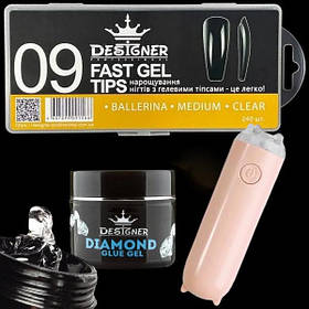 Набір для нарощування на типи гелів Дизайнер (балерина - 09) з клей гелем 10 мл. та УФ ліхтариком 3 Вт