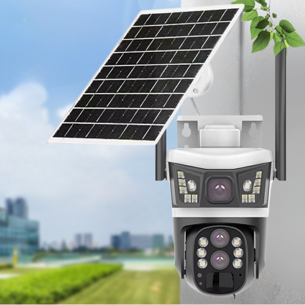 Бездротова вулична камера відеоспостереження V380Р10 4G PTZ з 3 об'єктивами сонячною панеллю та нічним баченням, фото 1