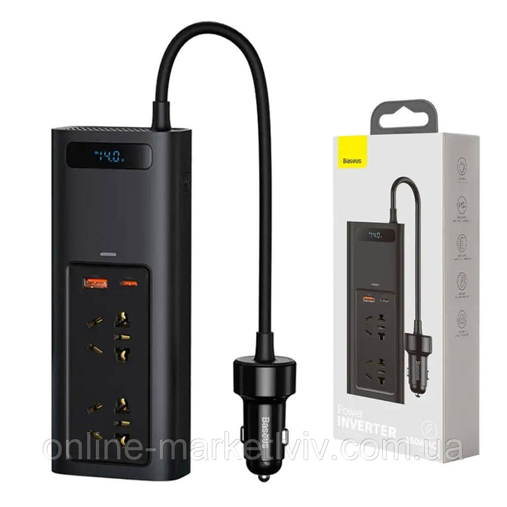 Автомобільний інвертор 150W, 2x220,1xUSB,1x-Type-c, BASEUS CRNBQ-A01 / Перетворювач напруги, фото 1