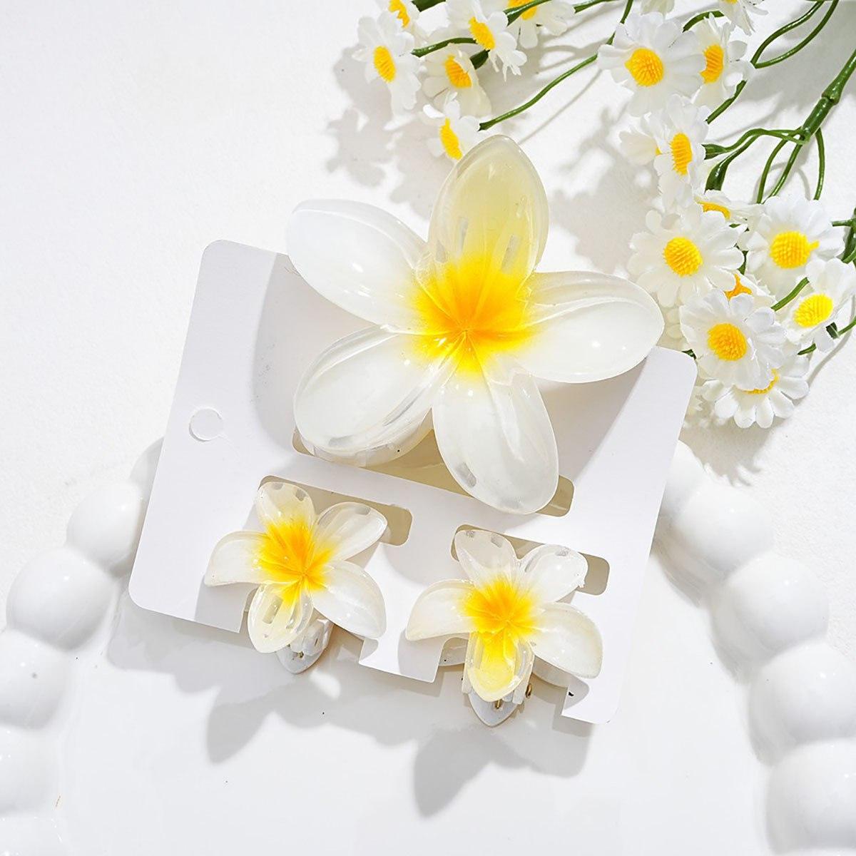 Набір трендових заколок-зажимів "Плюмерія" Біла з жовтим, 3 шт, фото 1