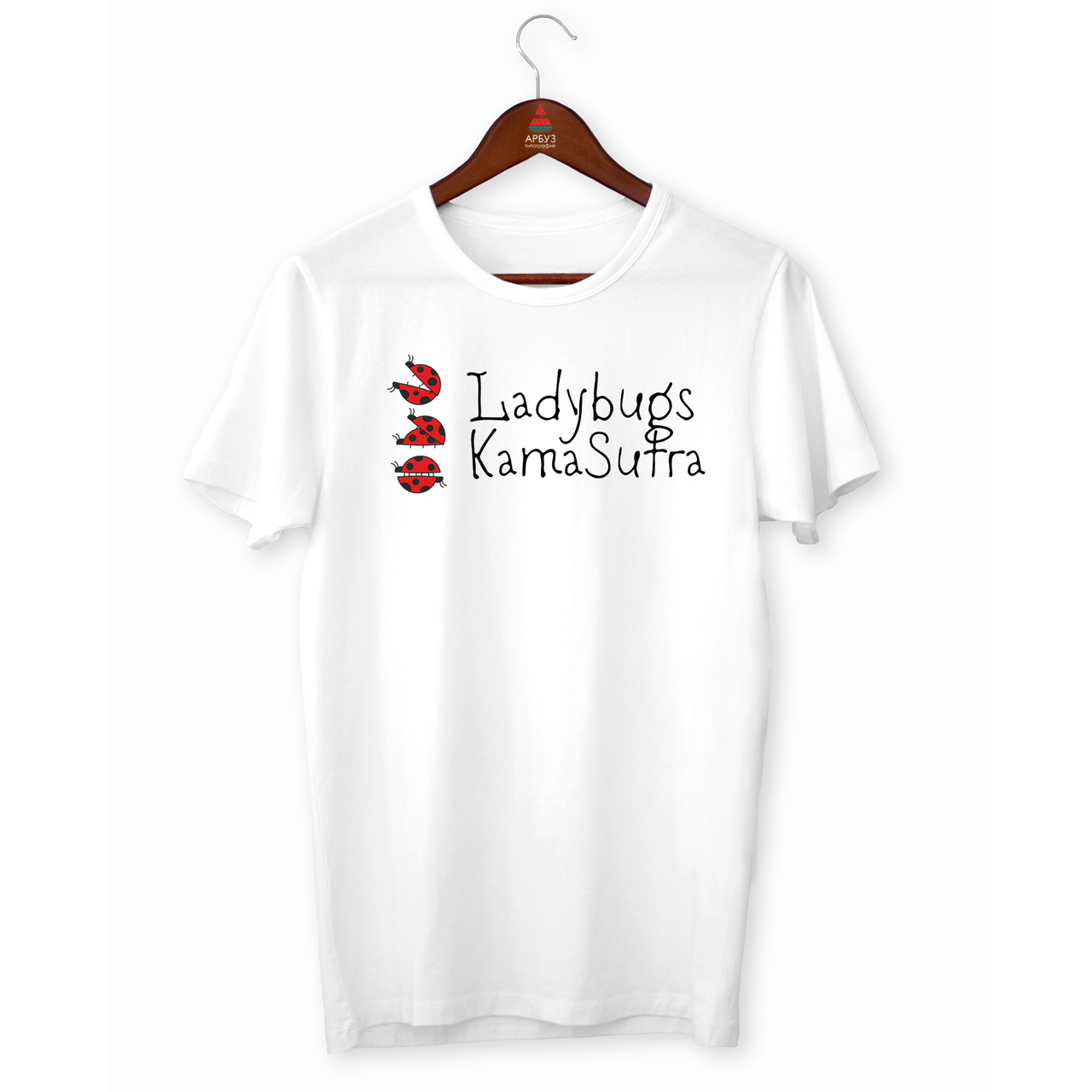 Футболка біла з оригінальним принтом "Ladybugs Kama Sutra. Сонечка Кама Сутра" Push IT. Футболки 18+, фото 1