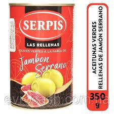 Оливки Serpis фаршировані хамоном 300 гр жб 12 шт ящ, фото 1