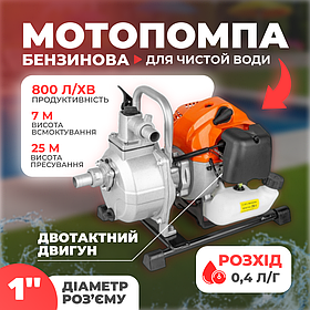 Бензинова мотопомпа Euro Craft WP10, 1", 200 л/хв, для води, бак 1.2 л, витрата 0.4 л/год 43 см³