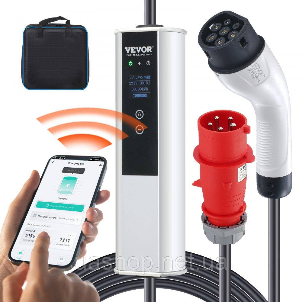 Vevor 310098 Зарядний кабель Type 2 EV для електромобіля 32A зарядний пристрій з вилкою CEE 32 Wallbox 7.36кВт (однофазний)/22кВт, фото 1