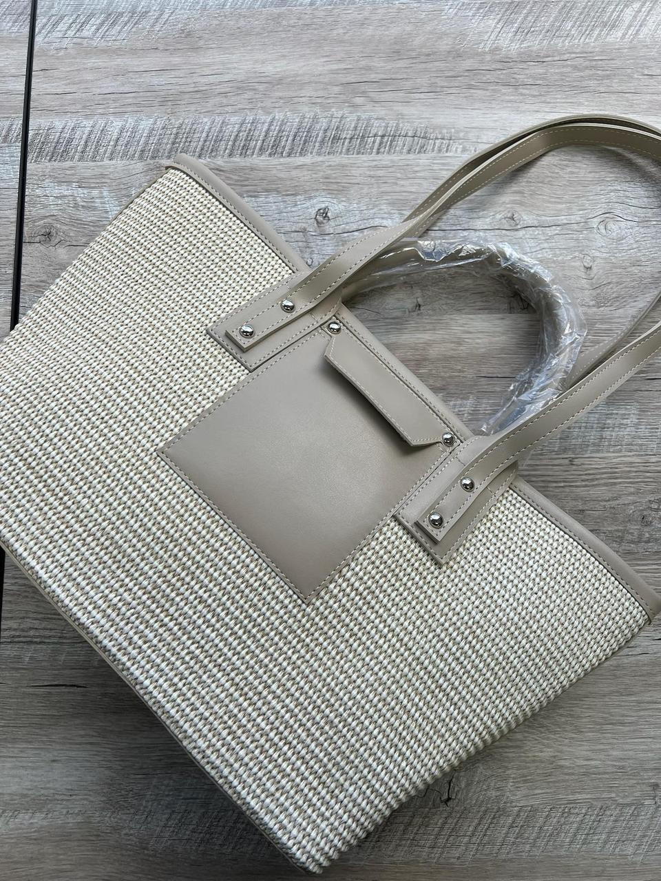 Жіноча сумка шопер плетена 26*33 см на блискавці зі штучної шкіри Nata Молочний, фото 1