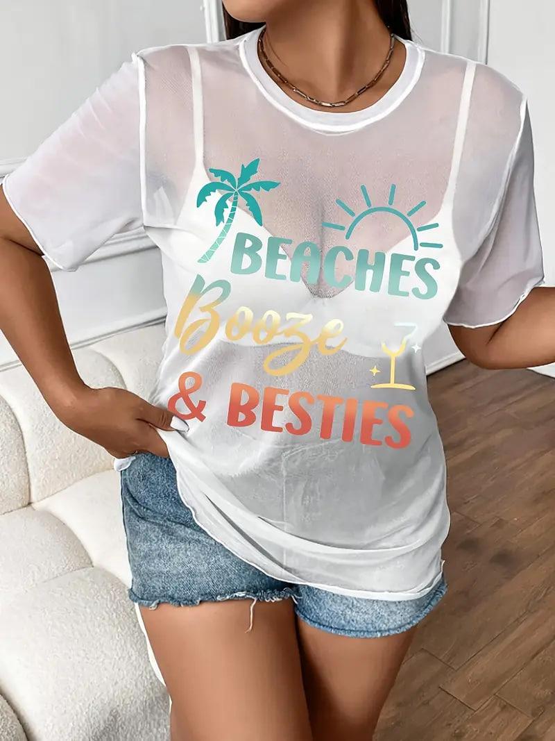 Пляжна подовжена футболка з сітки з принтом, фото 1