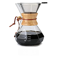Кемекс-пуровер для приготування кави з металевим багаторазовим фільтром 600 мл кавник заварник chemex з дерев'яними елементами