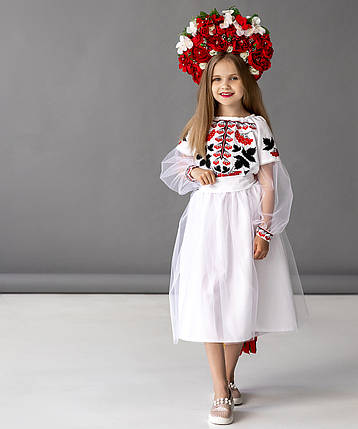 Детское белое платье с пышной фатиновой юбкой и красно черной вышивкой для девочки 116-152, фото 1