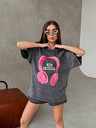 Футболка довга оверсайз тай дай "потерта" варенка сіра з навушниками Airpods Max зі 100% бавовни