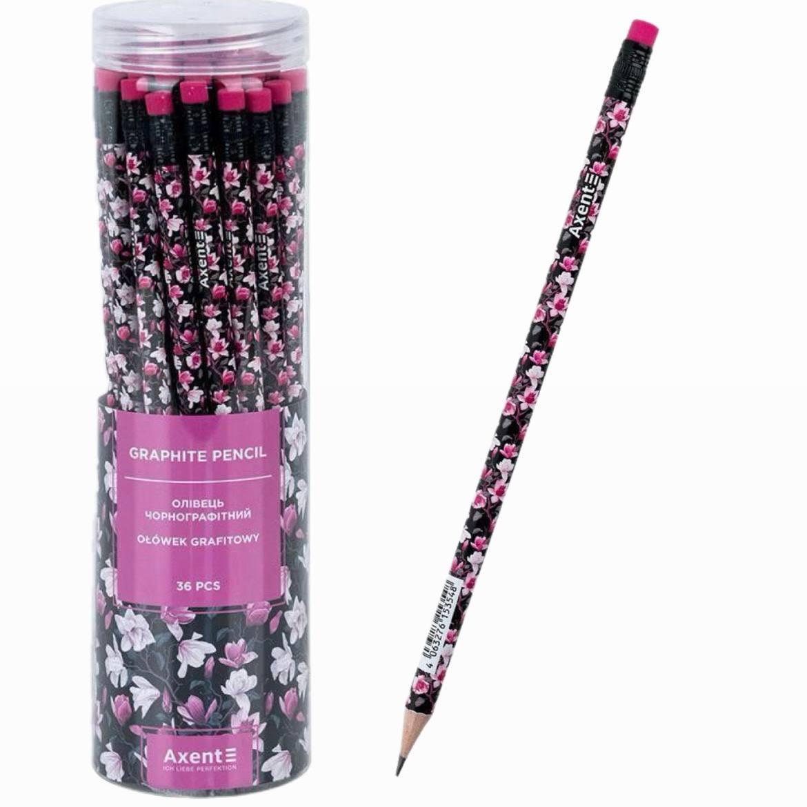 Олівець простий з гумкою Axent 9009-14 Floral Black круглий