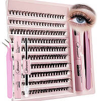 Накладные рсеницы пучковые 3D. Набор для наращивания ресниц с клеем, закрепителем и пинцетом от TM Manjesen