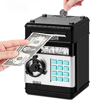 Електронна скарбничка-сейф із кодовим замком і купюроприймачем, Чорна/Бузковий банкомат для паперових грошей