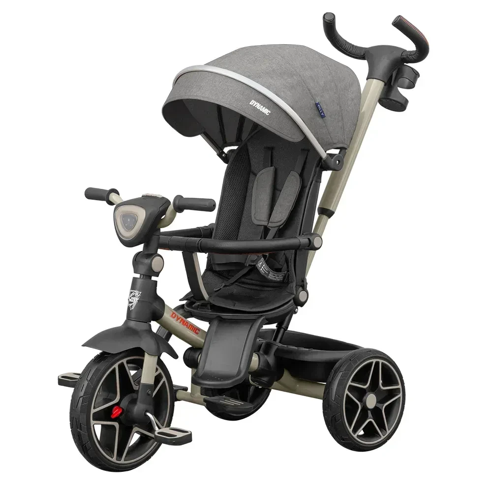Дитячий триколісний велосипед Tilly Dynamic T-3810 (сірий) з ручкою, PU колесами, капюшоном та музичною фарою, фото 1