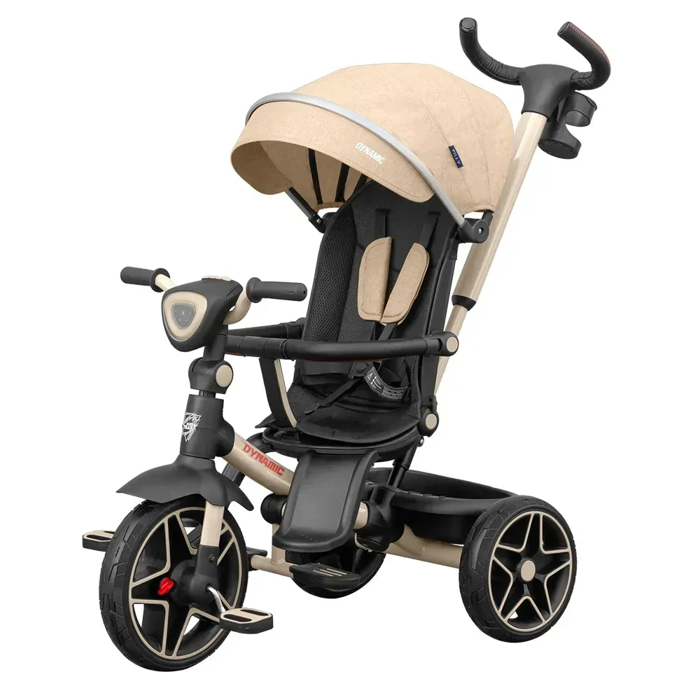 Дитячий триколісний велосипед Tilly Dynamic T-3810 (бежевий) з ручкою, PU колесами, капюшоном та музичною фарою, фото 1