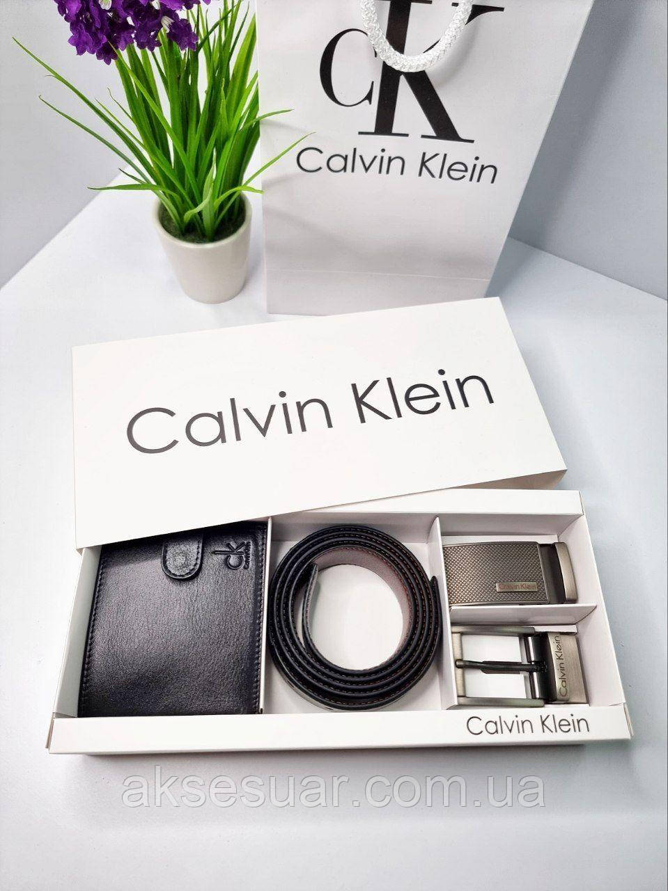 Чоловічий подарунковий набір, ремінь натуральна шкіра двостороння з двома пряжками, гаманець шкіра фірмовий пакет, фото 1