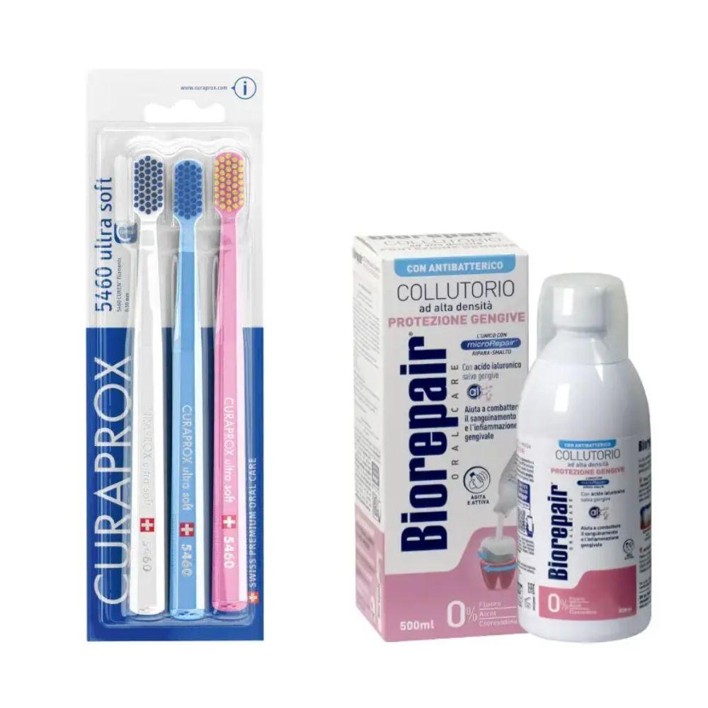Набір зубних щіток Curaprox CS 5460/3 Ultra Soft d 0,10 мм (3 шт.) + ополіскувач BIOREPAIR PLUS "Догляд за яснами"