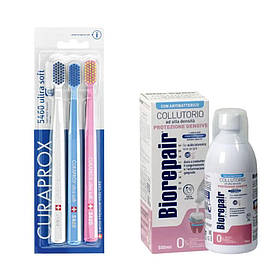Набір зубних щіток Curaprox CS 5460/3 Ultra Soft d 0,10 мм (3 шт.) + ополіскувач BIOREPAIR PLUS "Догляд за яснами"