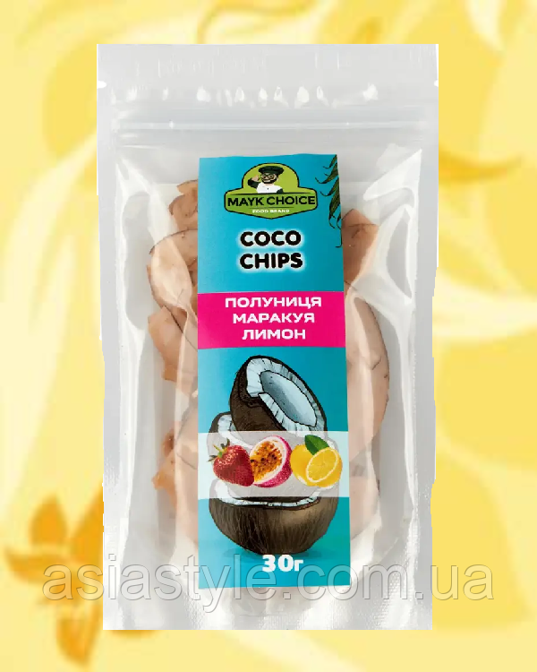 Кокосові Чипси Полуниця Маракуйя Лимон, Coconut Chips Strawberry Passion Fruit Lemon, Mayk Choice, 30г, NC