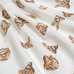 Двошаровий жатий муслін "Зайчик із бантиком на фоні айворі", ширина 135 см