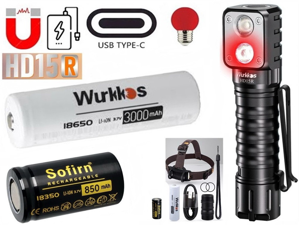 Налобний ліхтар WURKKOS HD15R + ДВА АКУМУЛЯТОРА (1150LM 5000k USB-C Магніт 18650 18350 PowerBank RED LIGHT), фото 1