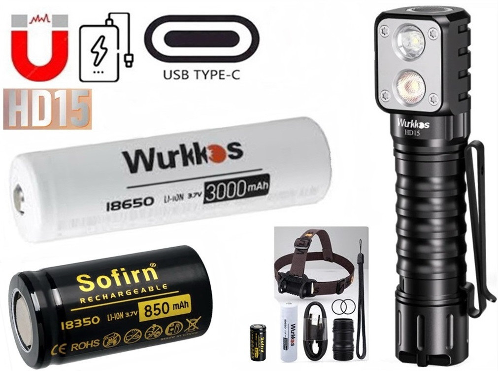 Налобний ліхтар WURKKOS HD15 + ДВА АККУМУЛЯТОРА 18650 + 18350 (2000LM 5000k NW USB-C 2A Магніт PowerBank), фото 1