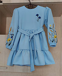 Дитяча сукня вишиванка для дівчаток в блакитному кольорі з вишитими рукавами розміри 110-116