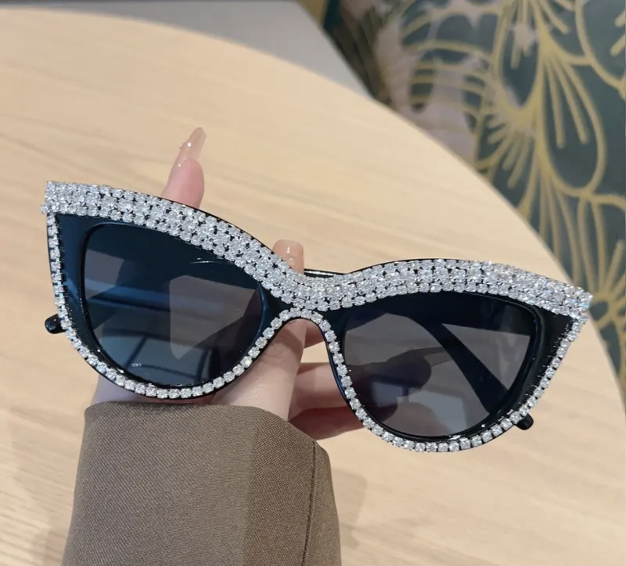 Жіночі сонцезахисні окуляри "Котяче око" зі стразами, чорні, фото 1