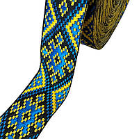 Тасьма з українським орнаментом жовто-синя на чорному тлі 3,0 см