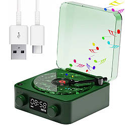 Портативна Bluetooth колонка з RGB підсвіткою, від USB, Зелена / Ретро колонка у вигляді вінілового програвача