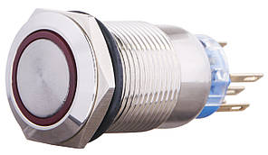 TYJ 19-371 Кнопка металева пласка з фіксац. 1NO+1NC, з підсвічуванням, червона 220V.