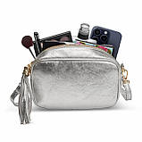 Крос-боді Takeasy Сріблястий - Італійська жіноча м’яка сумка крос-боді із натуральної замші-металлік на блискавці з підкладкою, фото 3