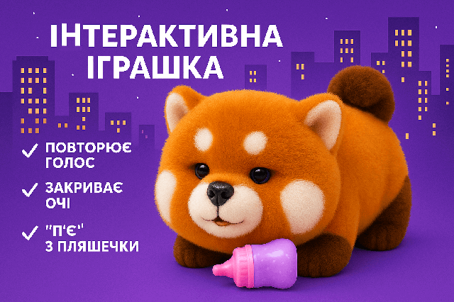 Інтерактивна іграшка Єнотик-Панда Пампік 30 см — повторює голос, закриває очі, п’є з пляшечки, руденький пухляш