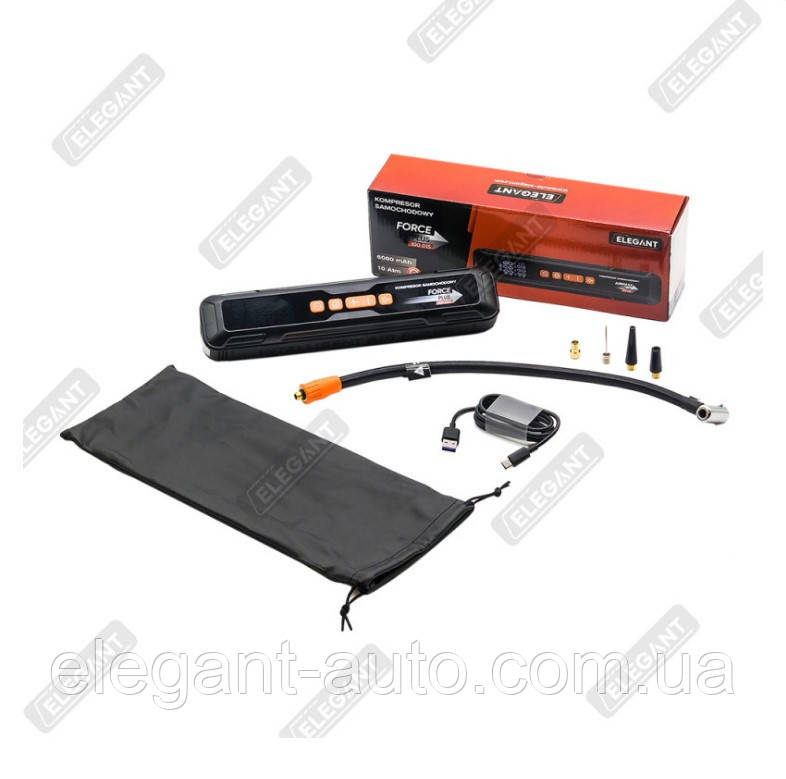 Компресор Elegant Force PLUS 100015 - 12V/6000 mAh/10Атм 4-режими/LED-ліхтар/павербанкUSB 5V-2.4A