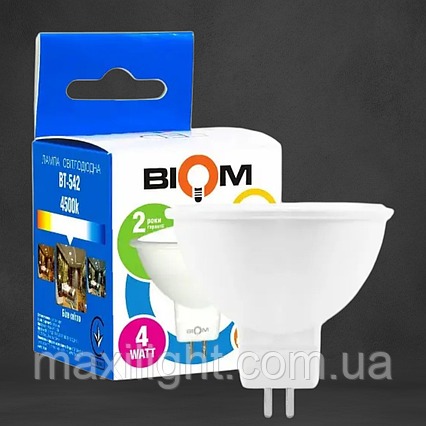 Точкова Світлодіодна Лампа BIOM 4W MR16 цоколь GU5.3 4500К нейтральний білий, фото 1