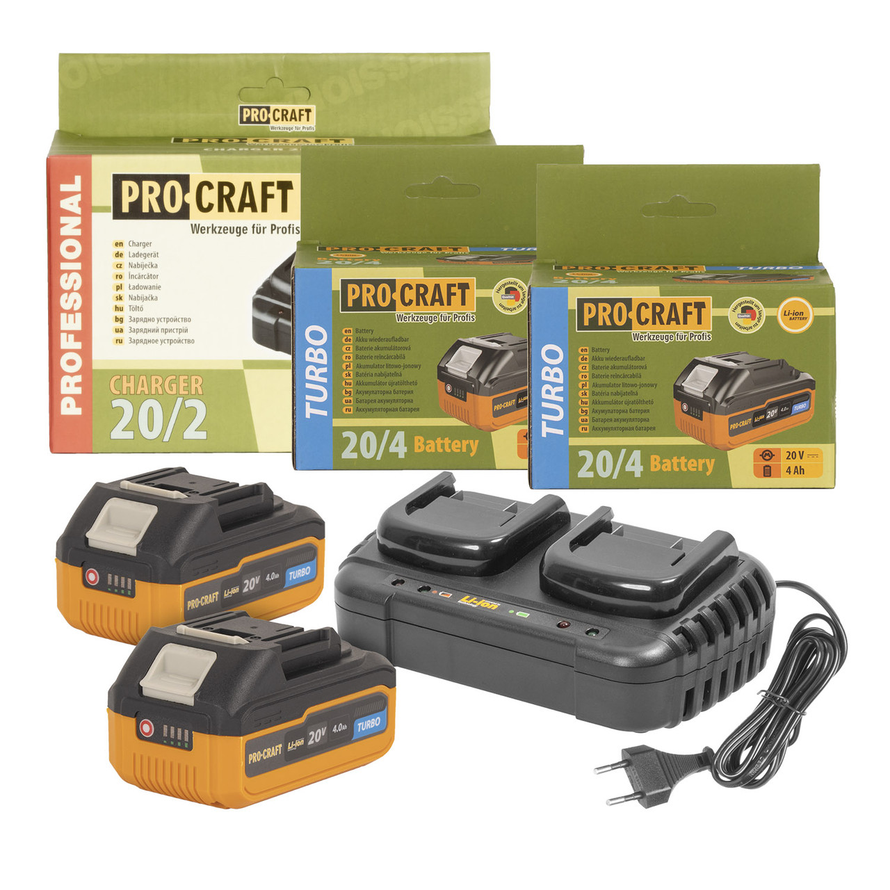 Комплект із двох акумуляторів Procraft 20/4 Turbo 20V 4Ah та зарядний пристрій для двох акумуляторів 20/2