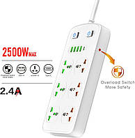 Мережевий фільтр 11 в 1 подовжувач на 6 розеток 2 м із захистом (2500 Вт, 4хUSB, 1хType-C, вимикач)