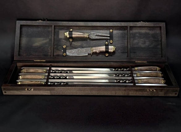 Набір шампурів Люкс Nb Art Козаки з ножем та вилкою в дерев'яному кейсі 8 предметів 47330158, фото 1